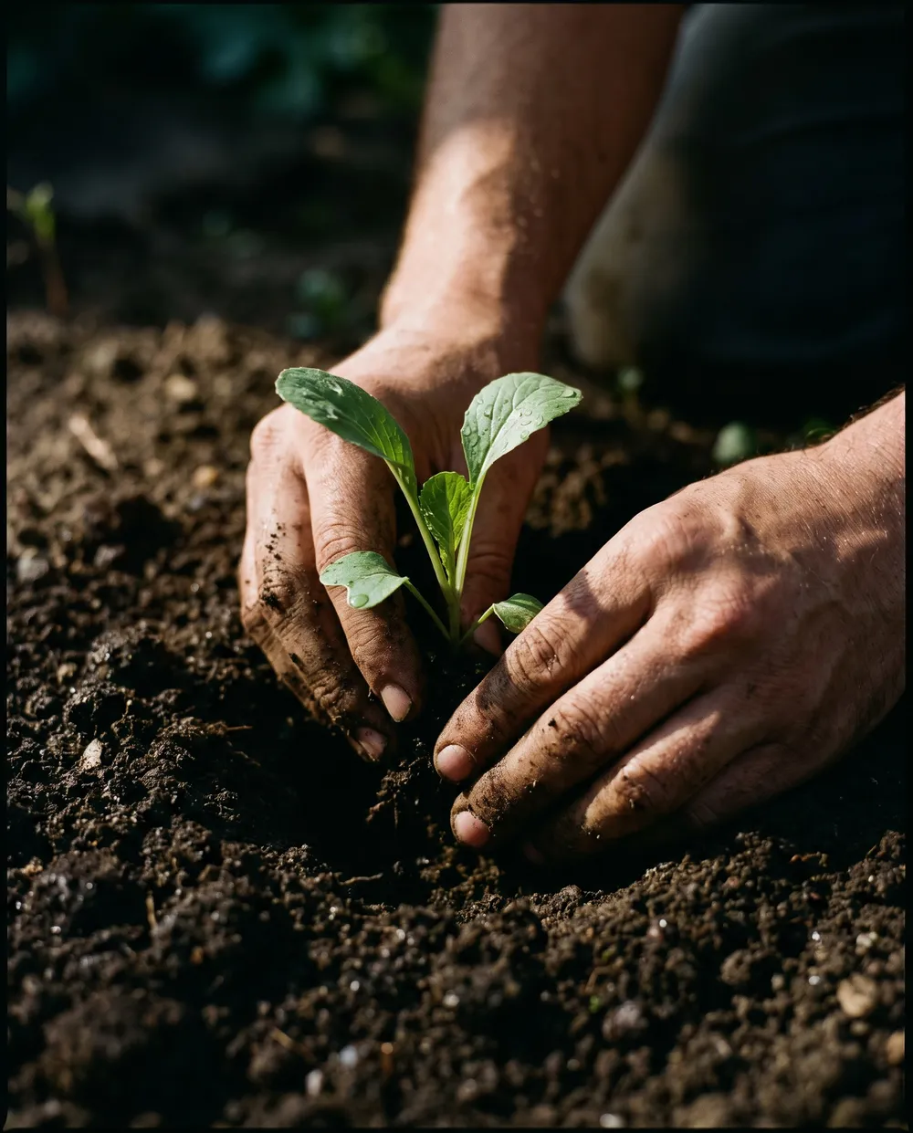 Young seedlings emerging from rich soil