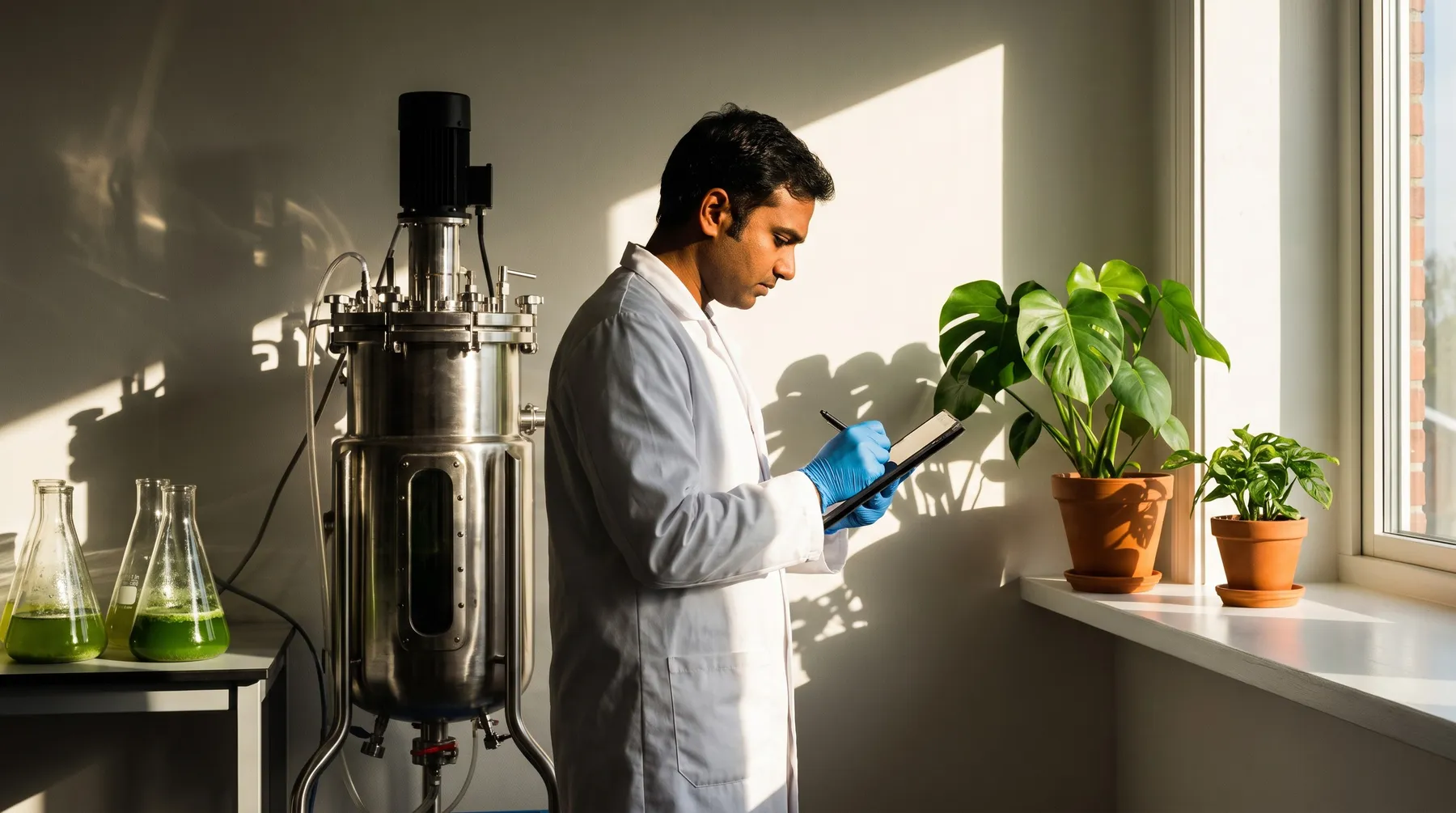 A researcher working with plant samples in a modern laboratory