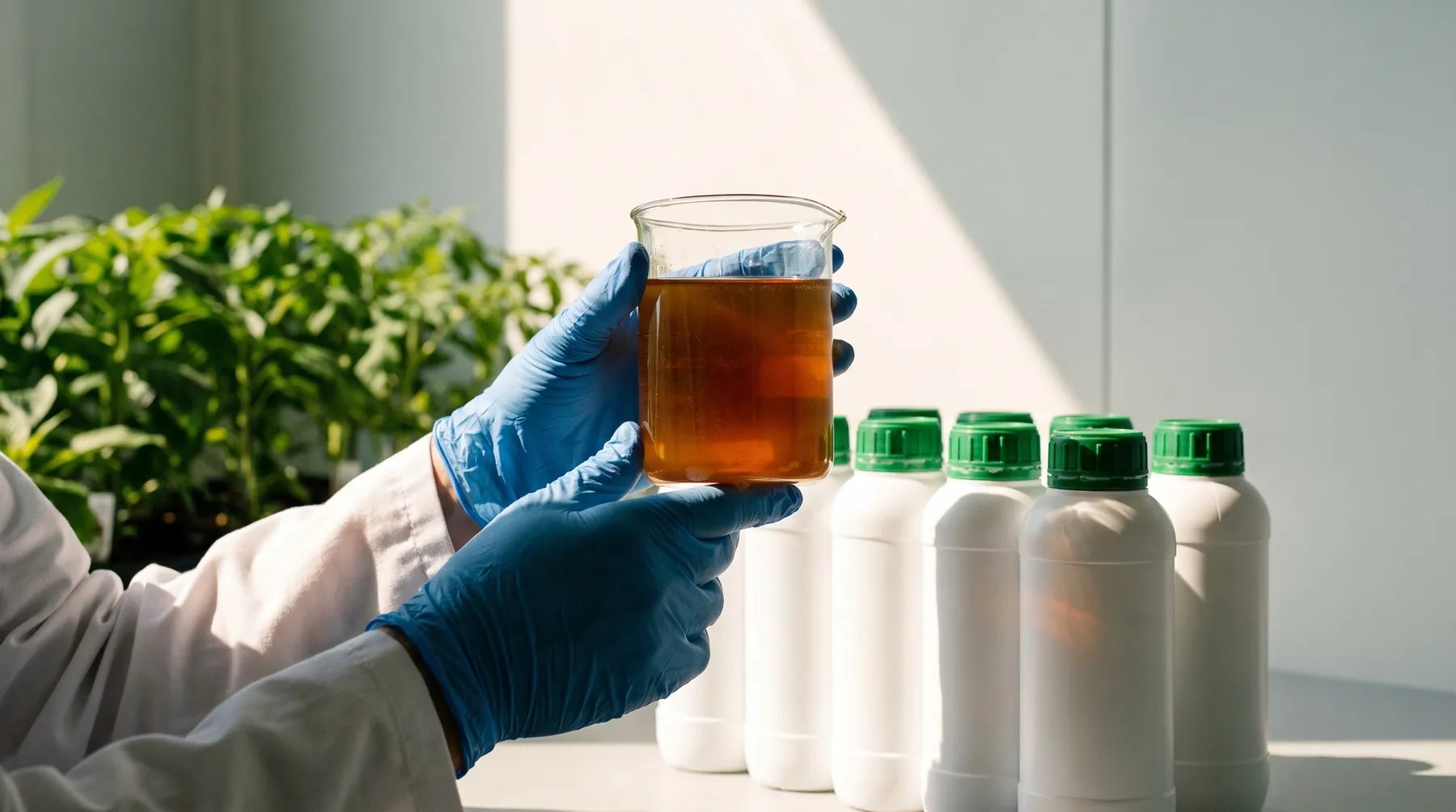 A scientist inspecting a leaf with a magnifying glass beside quality icons