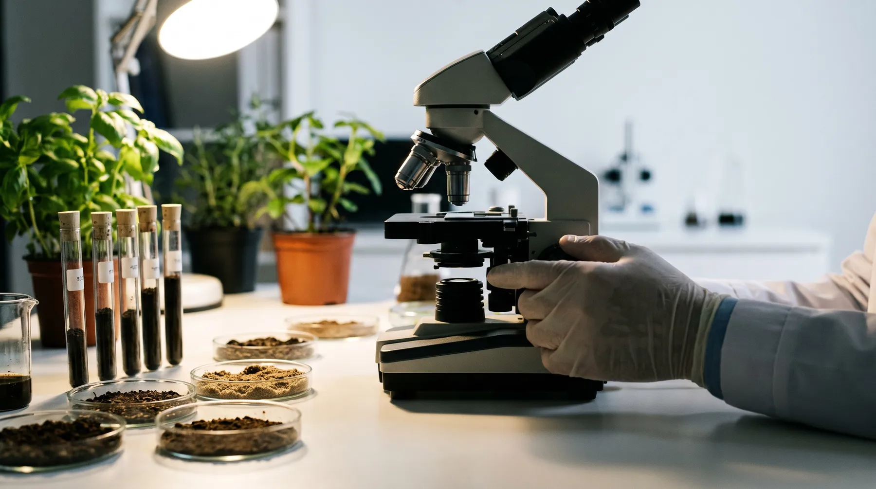 Magnified view of beneficial soil microbes around plant roots
