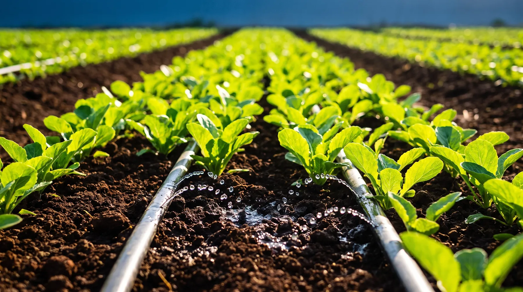 Hands planting a seedling in a green field with sustainability icons
