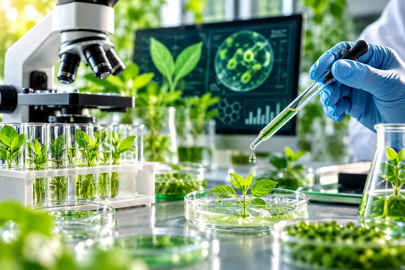 A researcher working with plant samples in a modern laboratory