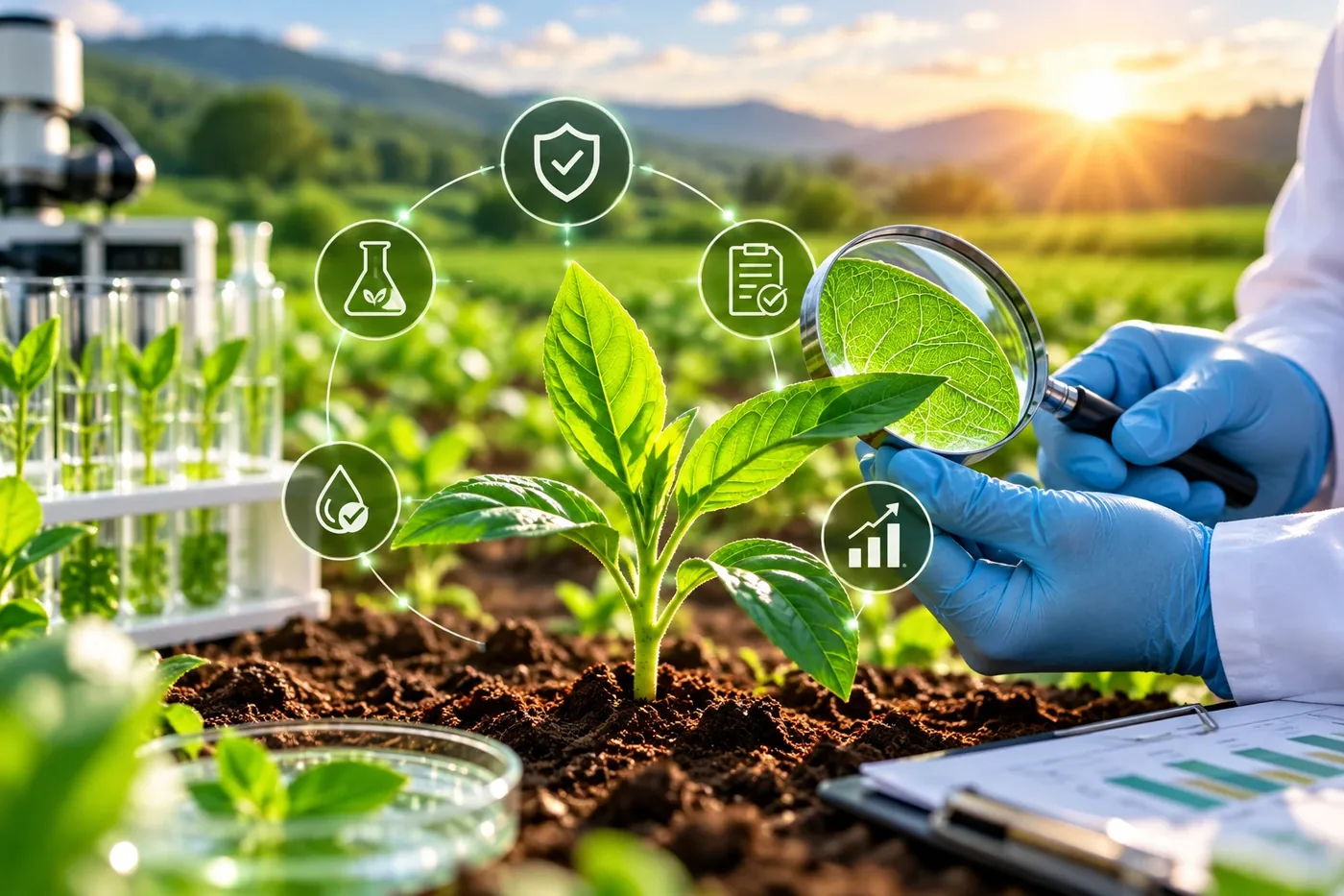 A scientist inspecting a leaf with a magnifying glass beside quality icons